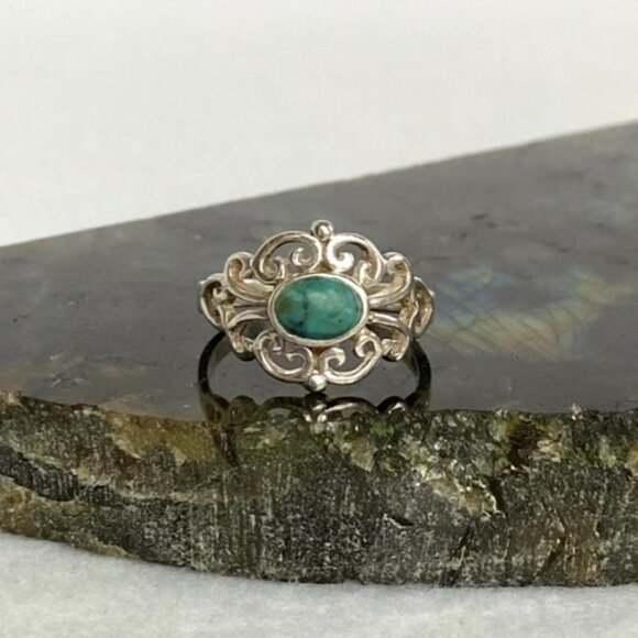 Sterling Silver 925 Cutout Scrollwork Oval Simulated Turquoise Ring Sz 7.25 - Picture 1 of 16